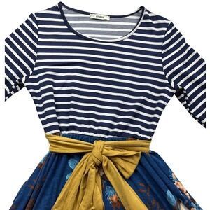 Eloges Womens Mixed Media Floral Striped Maxi Dress Blue Mustard Yellow Medium